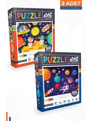 Neverland 2 Adet Puzzle - 50 Parça Ay Hayvanları ve 100 Parça Gezegenler