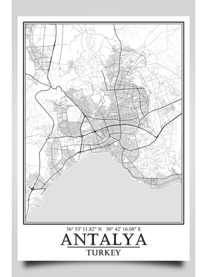 Hari Tasarım Antalya Şehir Haritası Çerçevesiz Poster-Harita Sanatı, Map Art Design