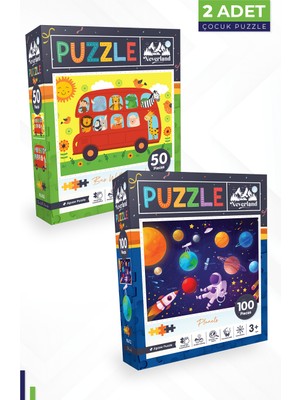 Neverland 2 Adet Puzzle - 50 Parça Hayvanlarla Otobüs ve 100 Parça Gezegenler