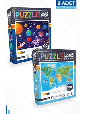 Neverland 2 Adet Puzzle 100 Parça Gezegenler ve 100 Parça Hayvan Dünya Haritası