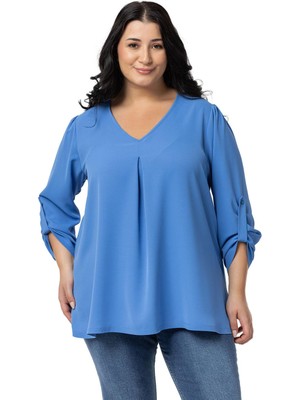 Disentis Modest Büyük Beden V Yaka Önü Plikaşeli Katlamalı Kollu Indigo Bluz