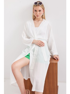 Bigdart 5835 Yırtmaçlı Yazlık Kimono - Beyaz