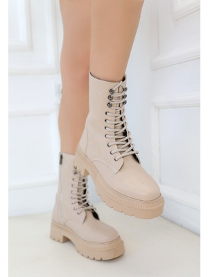 Alfaze Topuklu Yandan Fermuarlı Bağcıklı Bot Cilt Nude Topuk Boyu 3 cm