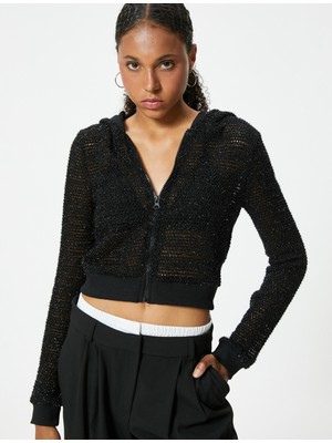 Koton Crop Tişört Fermuarlı Kapüşonlu Uzun Kollu Simli Slim Fit