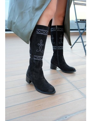 Follini Kadın Vizon Süet Nakış Detaylı Çizme