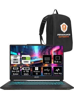 Msı Cyborg 15 Intel Core I5-13420H 64GB 4tb SSD RTX4060/8GB 15.6" Fhd 144Hz W11P Taşınabilir Bilgisayar A13VF-895XTR & Per4 Çanta A13VF895XTRP415