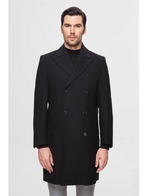 D'S Damat Regular Fit Siyah Balıksırtı Palto Uzun Kol Erkek Midi Boy Şıklık