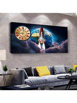 ZEVAHİR MOBİLYA DEKORASYON Space Saatli Ahşap Şase Dijital Baskı Kanvas Tablo 100X50CM