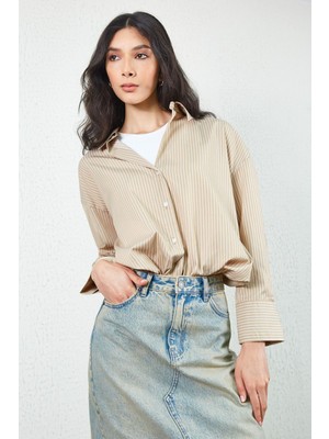 Edition Bej Ince Çizgili Pamuk Saten Oversize Rahat Kalıp Kadın Basic Gömlek| EK334864-7432