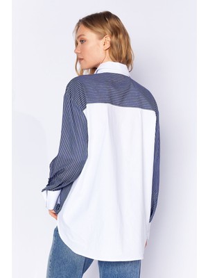 Edition Lacivert Yaka Manşet ve Sırt Detaylı Uzun Kollu Oversize Çizgili Gömlek| EK1000169143-9143