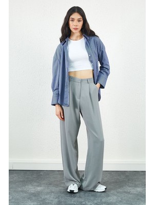 Edition Lacivert Ince Çizgili Pamuk Saten Oversize Rahat Kalıp Kadın Basic Gömlek| EK334864