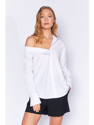 Edition Beyaz Asimetrik Poplin Likralı Gömlek| EK1000169256-9256