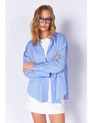 Edition Mavi Kadın Çizgili Oversize Gömlek| EK1007430-7430