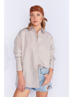 Edition Taş Çizgili Uzun Oversize Rahat Kalıp Basic Kadın Gömlek| EK334348-7174