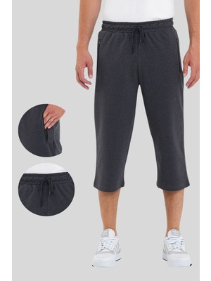 Mmetalic Erkek Cepleri Fermuarlı Antrasit Bermuda Diz Altı Kapri Beli Ayarlanabilir Lastikli Uzun Şort