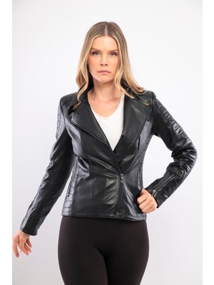 Sare Mod Kadın Derimont Siyah Kırlangıç Yaka Deri Deri Ceket