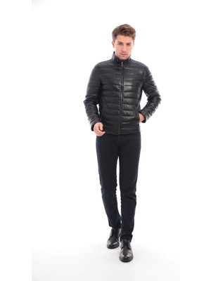 Sare Mod Hakim Yaka Omuz Detaylı Siyah Erkek Deri Ceket