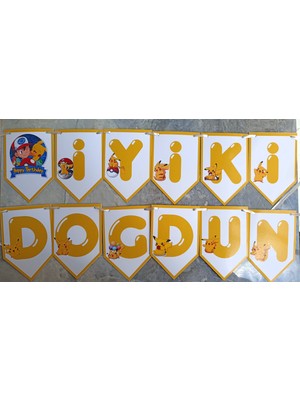 Hiras Dizayn Pikachu Pokemon Banner Iyi Doğdun Banner Happy Birthday 12 Parça 10*15 cm Ipli Duvar Doğum Günü Süsü