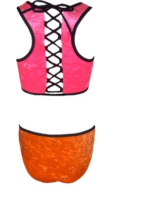 Look Me Kadife Çapraz Bağlama Detaylı Neon Turuncu Pembe Kız Çocuk Bikini