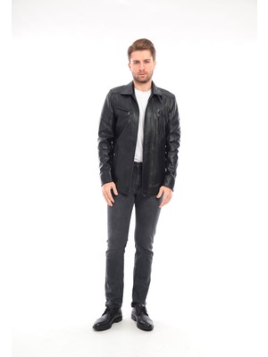 Sare Mod Erkek Siyah Deri Biker Ceket