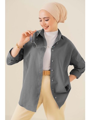 Bigdart Oversize Basic Gri Kadın Tesettür Gömlek Günlük Düz Truvakar Kol %70 Pamuk