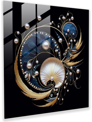 Painted Anarchy Lacivert Cam Duvar Sanatı - Altın Sarmaşıklarla Soyut Deniz Kabuğu - Lacivert, Soyut Deniz Kabuğu Baskı, Donanma Sanatı, Deniz Dekoru, 30 x 30 cm