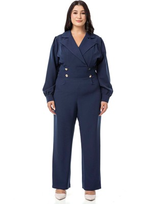 Disentis Modest Büyük Beden Lacivert Kruvaze Yaka Metal Düğmeli Fermuarlı Tulum Uzun Kol