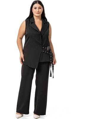 Disentis Modest Büyük Beden Kuş Gözü Kemerli Yelek Pantolon Siyah Ikili Takım