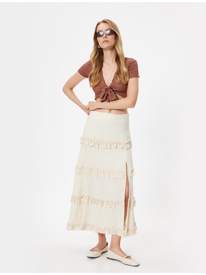 Koton Keten Karışımlı Uzun Etek Fırfırlı Katmanlı Rahat Kalıp