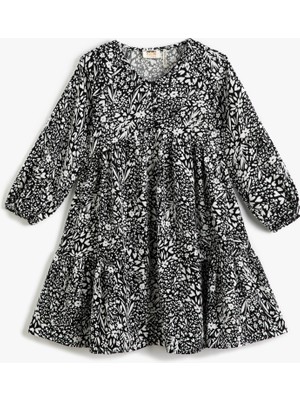 Koton Elbise Çiçekli Uzun Kollu Manşetleri Lastikli Yuvarlak Yaka Düğme Detaylı Katlı
