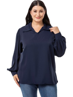 Disentis Modest Büyük Beden Gömlek Yaka Manşetli Yanı Yırtmaçlı Lacivert Bluz