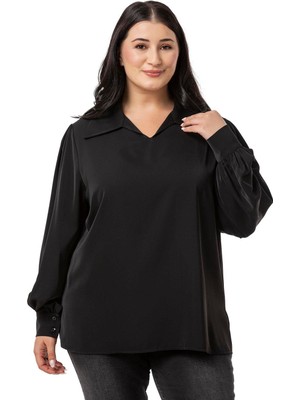 Disentis Modest Büyük Beden Gömlek Yaka Manşetli Yanı Yırtmaçlı Siyah Bluz