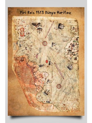 Hari Tasarım Piri Reis 1513 Dünya Haritası-Eskitme Zemin, Yazılı-Çerçevesiz Poster-Harita Sanatı, Map Art Design