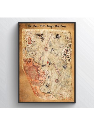 Hari Tasarım Piri Reis 1513 Dünya Haritası-Eskitme Zemin, Yazılı-Çerçevesiz Poster-Harita Sanatı, Map Art Design