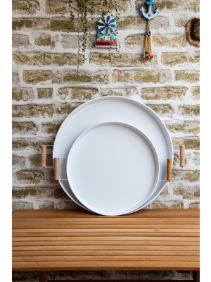 Hem Life 2 Li Ahşap Kulplu 51 cm Metal Tepsi ve 37 cm Beyaz Tepsi Çay Kahve Sunum Tepsisi