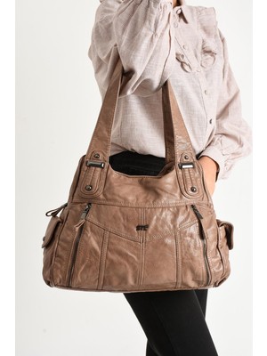 571 Collections Suni Deri Omuz Çantası Vizon (Model: 571-11-13C)