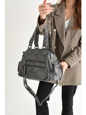 571 Collections Suni Deri Çok Bölmeli Çapraz ve  Omuz Çantası Gri (Model: 571-9-12FF)