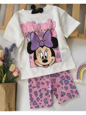 Ladin Store Yeni Sezon Kız Çocuk Minnie Mouse Baskılı Pamuklu Bisiklet Yaka Alt-Üst Biker Taytlı Takım