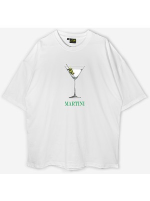 Swozz Martini Baskılı Kadın Oversize Pamuklu Beyaz Tshirt