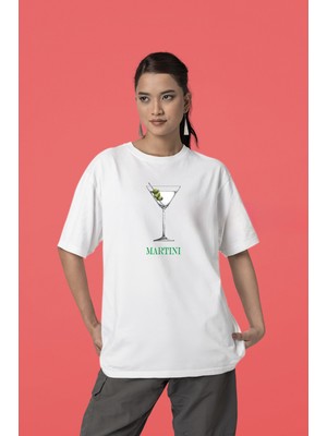 Swozz Martini Baskılı Kadın Oversize Pamuklu Beyaz Tshirt