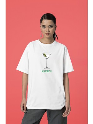 Swozz Martini Baskılı Kadın Oversize Pamuklu Beyaz Tshirt