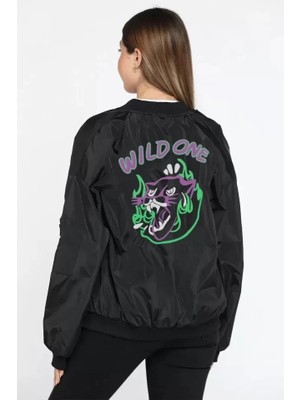 Nice Frog Drop Unisex Uzun Kol Baskılı Bomber Ceket - Siyah