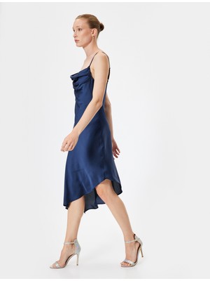 Koton Midi Saten Abiye Elbise Ip Askılı Degaje Yaka Asimetrik Kesim