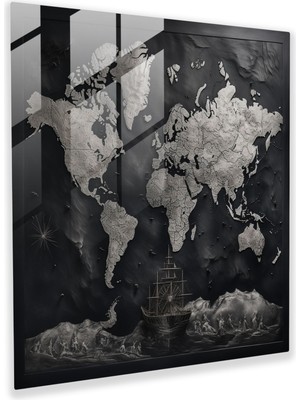 Dünya Haritası Cam Baskı - Siyah Beyaz Klasik Tasarım - Dünya Haritası, Zamansız Cazibe, Duvar Dekorasyonu, Modern Sanat, 30 x 30 cm