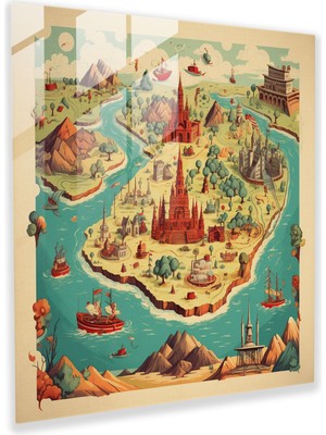 Vintage Dünya Haritası Cam Baskı - Dünya Haritası, Nostaljik, Modern Sanat, Vintage Seyahat Posteri, 30 x 30 cm