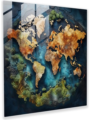 Havadan Dünya Haritası Cam Baskı - Dünya Haritası, Cam Sanatı, Ev Dekorasyonu, Duvar Dekorasyonu, 30 x 30 cm