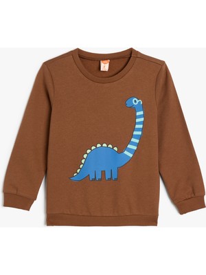 Koton Dinozor Baskılı Sweatshirt Uzun Kollu Bisiklet Yaka Pamuklu