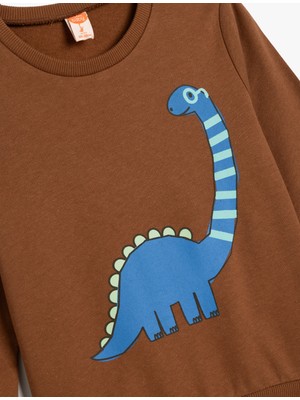 Koton Dinozor Baskılı Sweatshirt Uzun Kollu Bisiklet Yaka Pamuklu