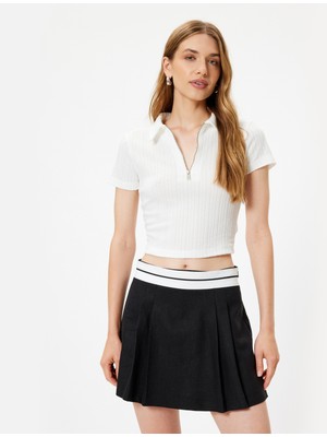 Koton Polo Crop Tişört Yarım Fermuar Detaylı Kısa Kollu Dokulu