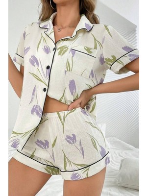 Bella Notte Beyaz-Lila Lale Rüzgarı Şort ve Gömlek Pijama Takımı